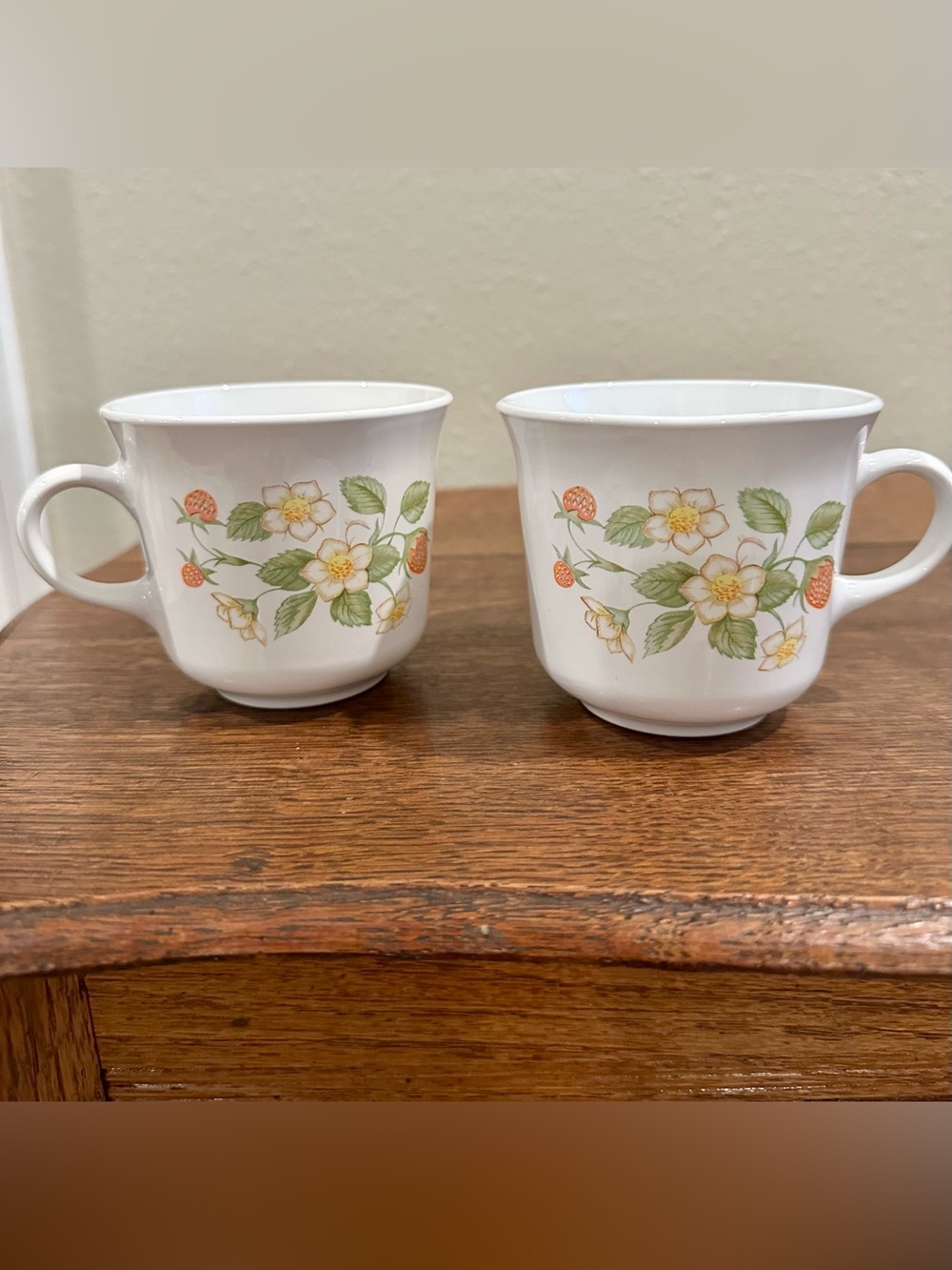 Vintage Corelle White Floral Mugs with Strawberries
